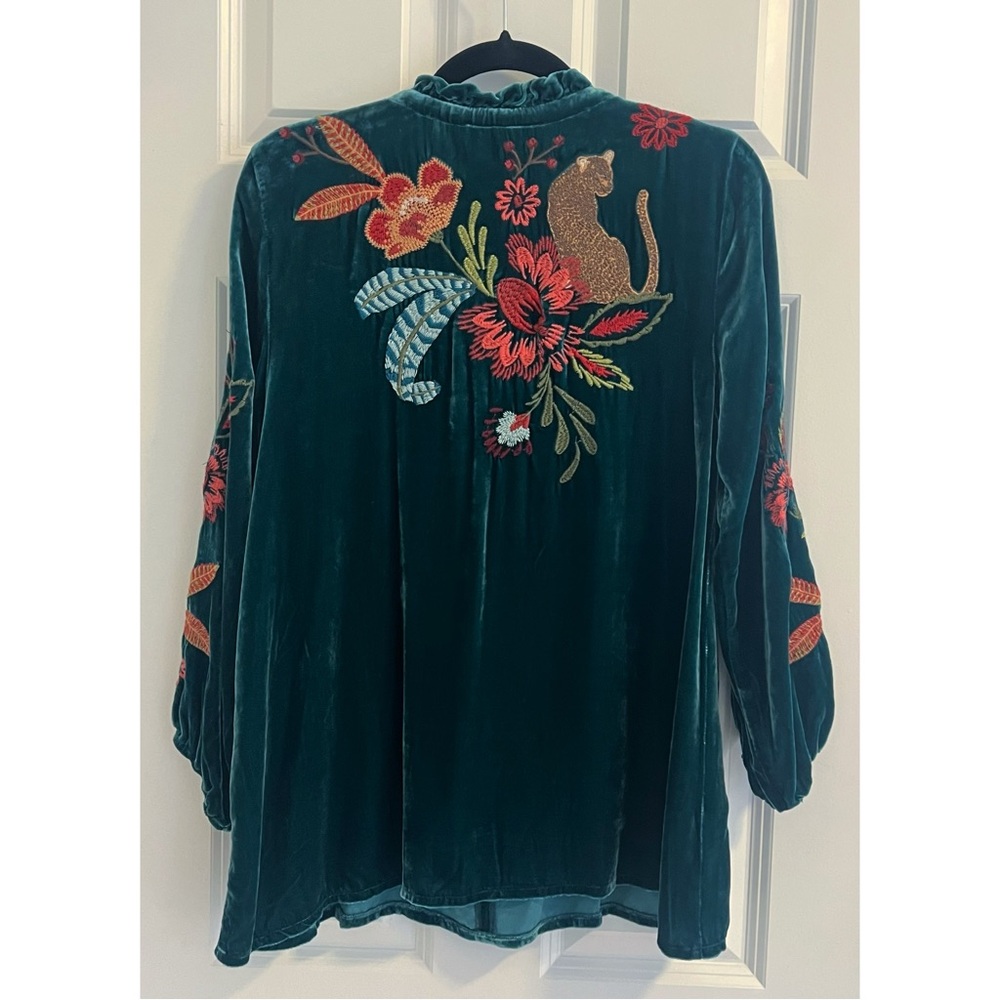 Johnny Was Teal Floral Embroidered Blouse - Picture 7 of 8
